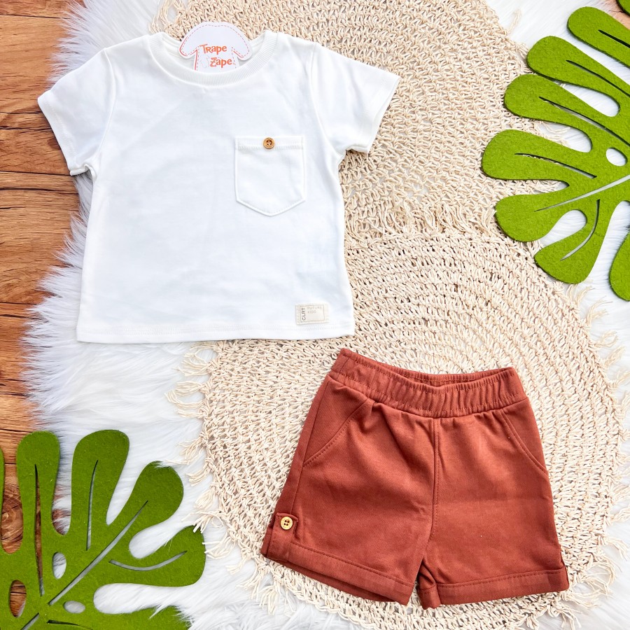  Conj. Camiseta com Bolsinho e Bermuda - Off White e Ferrugem